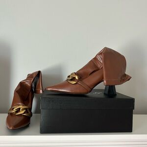 Brown and Gold Chunky Heel Loafers
